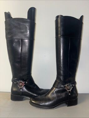 Michael Kors Black Leather Tall Riding Boots with MK Hardware